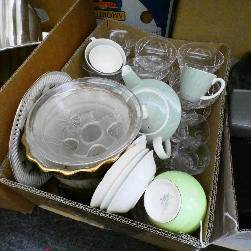 BOX LOT ASST. CRYSTAL, POOLE TEA SET ETC Image 1++