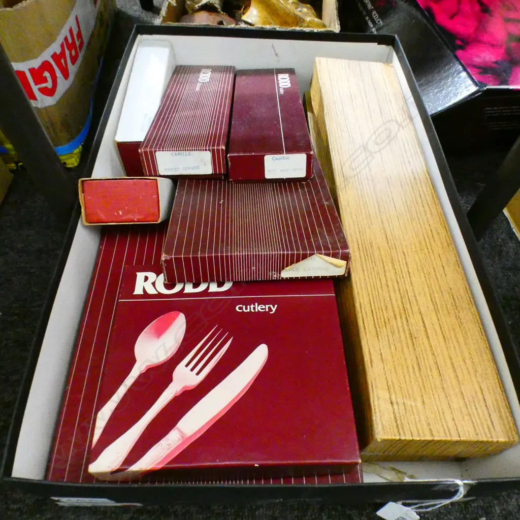 GOOD BOX LOT ASST BOXED CUTLERY, MOSTLY RODD INCL CARVING SET, LADLES, SERVING SPOONS ETC. PLUS 2 BOXES SS SKEWERS Image 1++