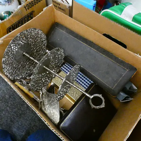 BOX ASST VINTAGE CUTLERY, SOME IN BOXES + 3 TIER SILVER PLATE CAKE STAND