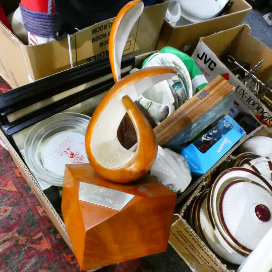 BOX LOT VESPA MODELS, RUGBY BALL, PR CREAMATA BOWLS, CARVING ETC