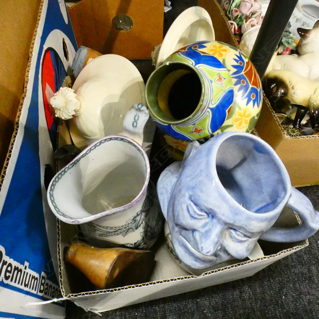 BOX LOT ASST. CHINA; LIDS, VASES & JUGS ETC Image 1++