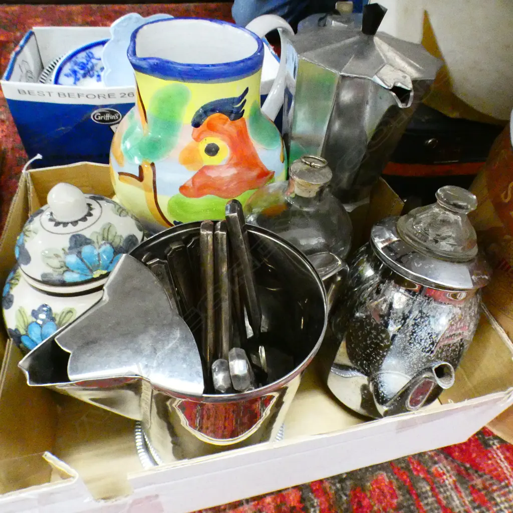 BOX LOT EP JUG, TEAPOT, COFFEE POT, CERAMIC JUG ETC Image 1++