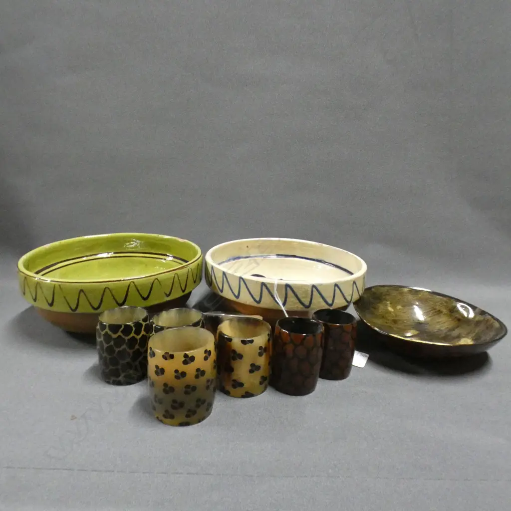 2 POTTERY BOWLS 165mm dia + 9 ASST. HORN NAPKIN RINGS ETC Image 1++