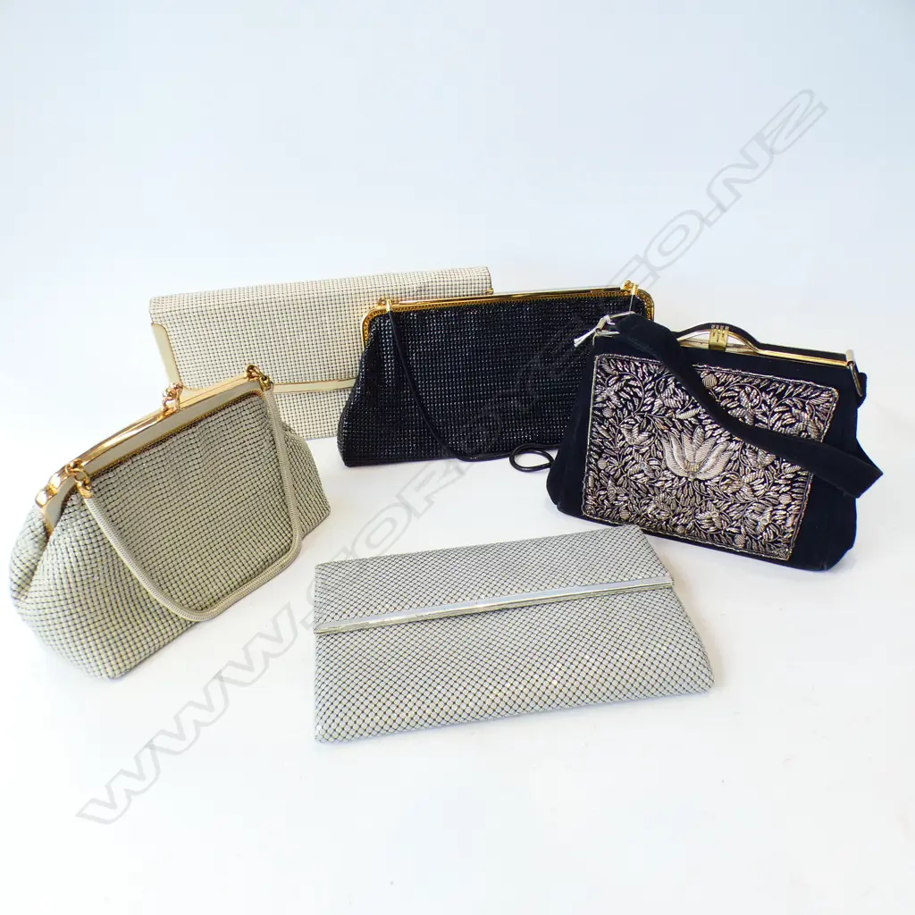 4 OROTON GLOMESH EVENING BAGS + VINTAGE METAL THREAD EMBROIDERED BLACK VELVET BAG Image 1++