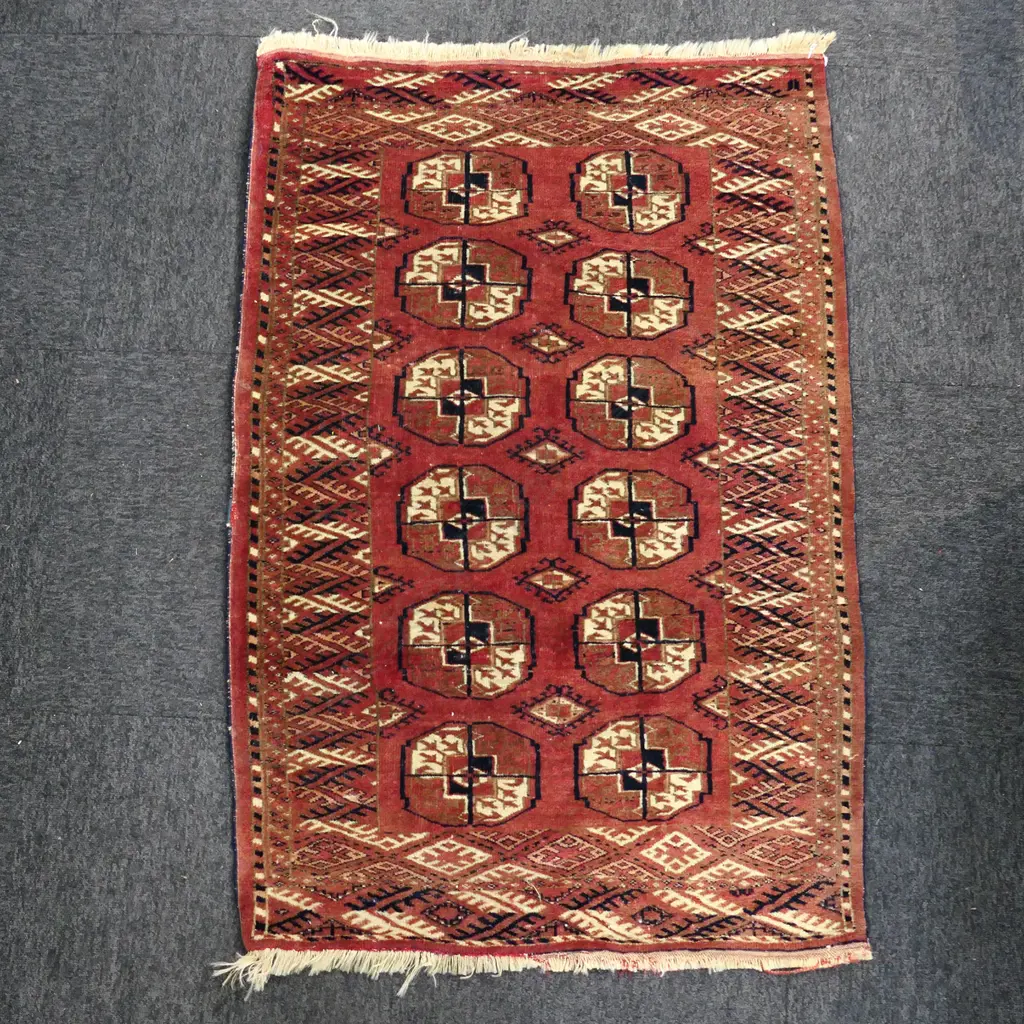 SMALL HAND KNOTTED TURKOMAN RUG w 10 GOLS 1300 x  850mm Image 1++