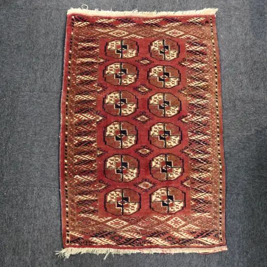 SMALL HAND KNOTTED TURKOMAN RUG w 10 GOLS 1300 x  850mm