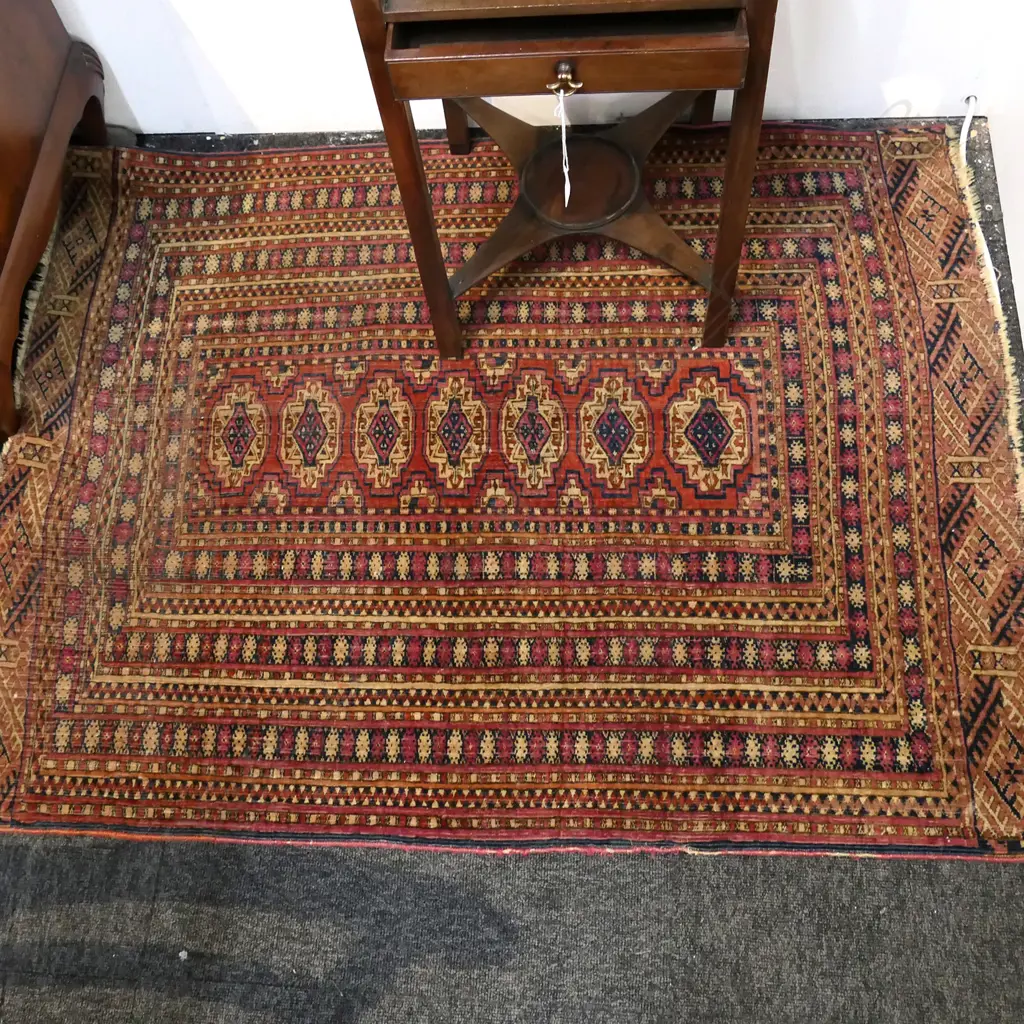 HAND KNOTTED SMALL TURKOMAN RUG w 7 GULS AND MULTIPLE BORDERS.1140 x 870mm Image 1++