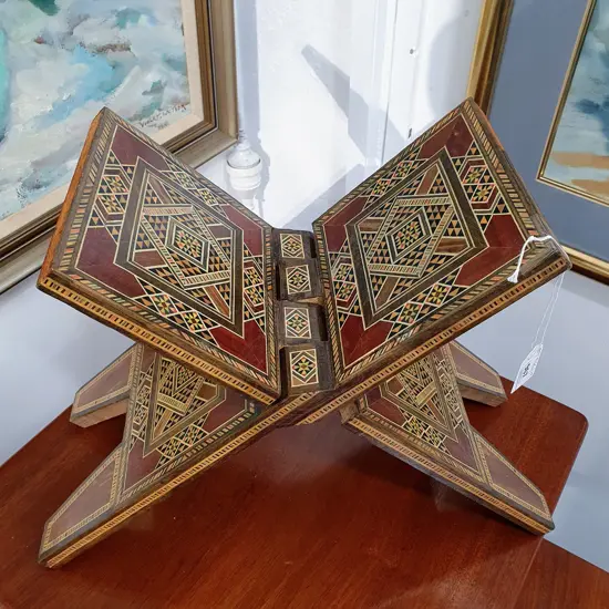 FOLDING INLAID WOODEN QURAN STAND H.290mm (SOME LOSSES)