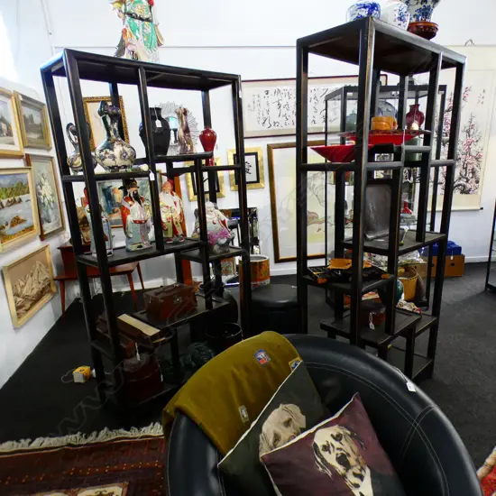 SET 2 ORIENTAL BLACK LACQUER SHELVES EACH L900 X H 1750MM