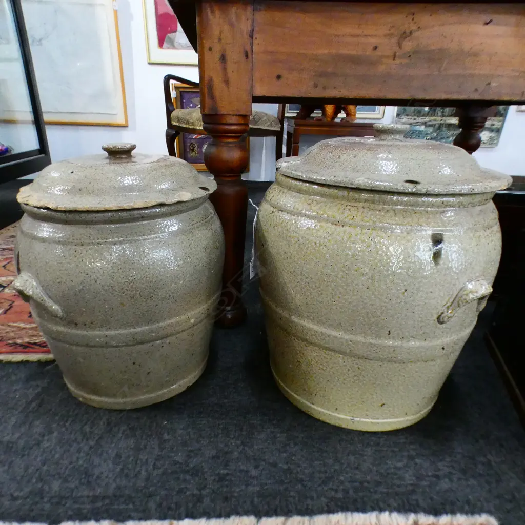 TWO LARGE NEW LYNN BRICK CO. SALT GLAZE JARS-. - LIDS REQUIRE RESTORATION LGE H.450mm Image 1++