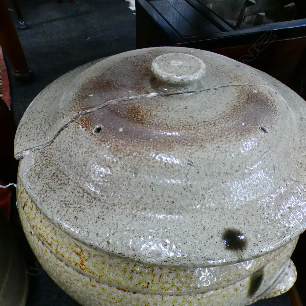 TWO LARGE NEW LYNN BRICK CO. SALT GLAZE JARS-. - LIDS REQUIRE RESTORATION LGE H.450mm Image 1++