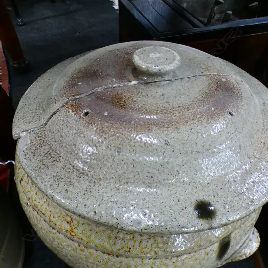 TWO LARGE NEW LYNN BRICK CO. SALT GLAZE JARS-. - LIDS REQUIRE RESTORATION LGE H.450mm