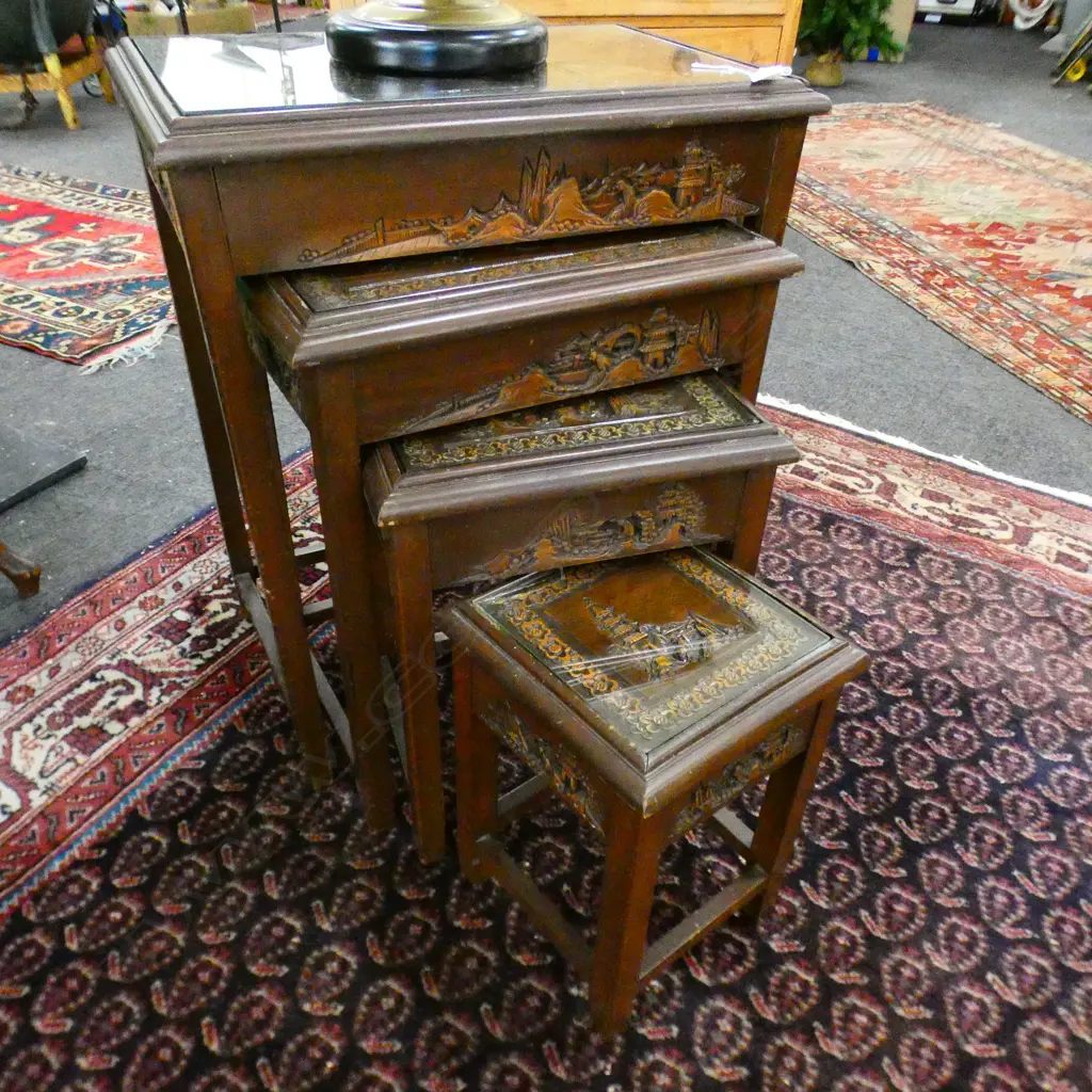 NEST OF 4 CARVED CHINESE OCCASIONAL TABLE w GLASS TOPS (ONE GLASS REPAIRED)  Image 1++