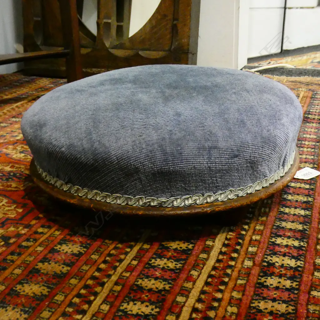 EDWARDIAN SM BLUE CUSHIONED FOOTSTOOL, ON BUN FEET Image 1++