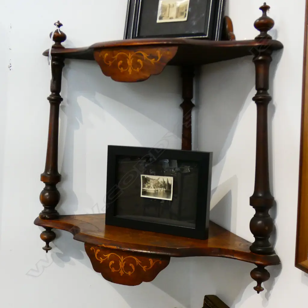 SM CUTDOWN CORNER WHATNOT, TWO SHELVES BOXWOOD DETAIL ON WALNUT SUBSTRATE, H. 535mm Image 1++