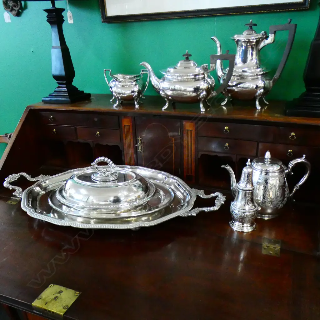 9 PCE SILVER PLATE; 4 PCE TEA SET, LARGE TRAY, LIDDED VEGETABLE DISH, OVAL PLATE, SUGAR SHIFTER & TEAPOT Image 1++