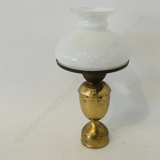 VINTAGE HEAVY BRASS BASE OIL LAMP W WHITE GLASS SHADE H  410MM (CRACK TO GLASS)