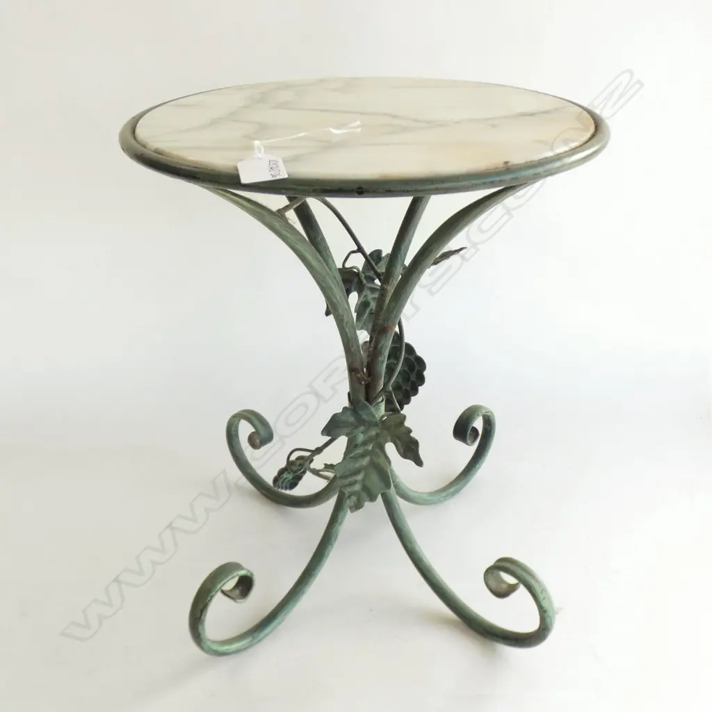 MARBLE TOPPED SCROLLING METAL BASED SMALL SIDE TABLE BRONZE PATINA WITH VINE H.400mm Image 1++