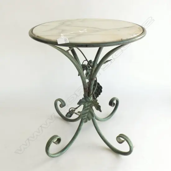 MARBLE TOPPED SCROLLING METAL BASED SMALL SIDE TABLE BRONZE PATINA WITH VINE H.400mm
