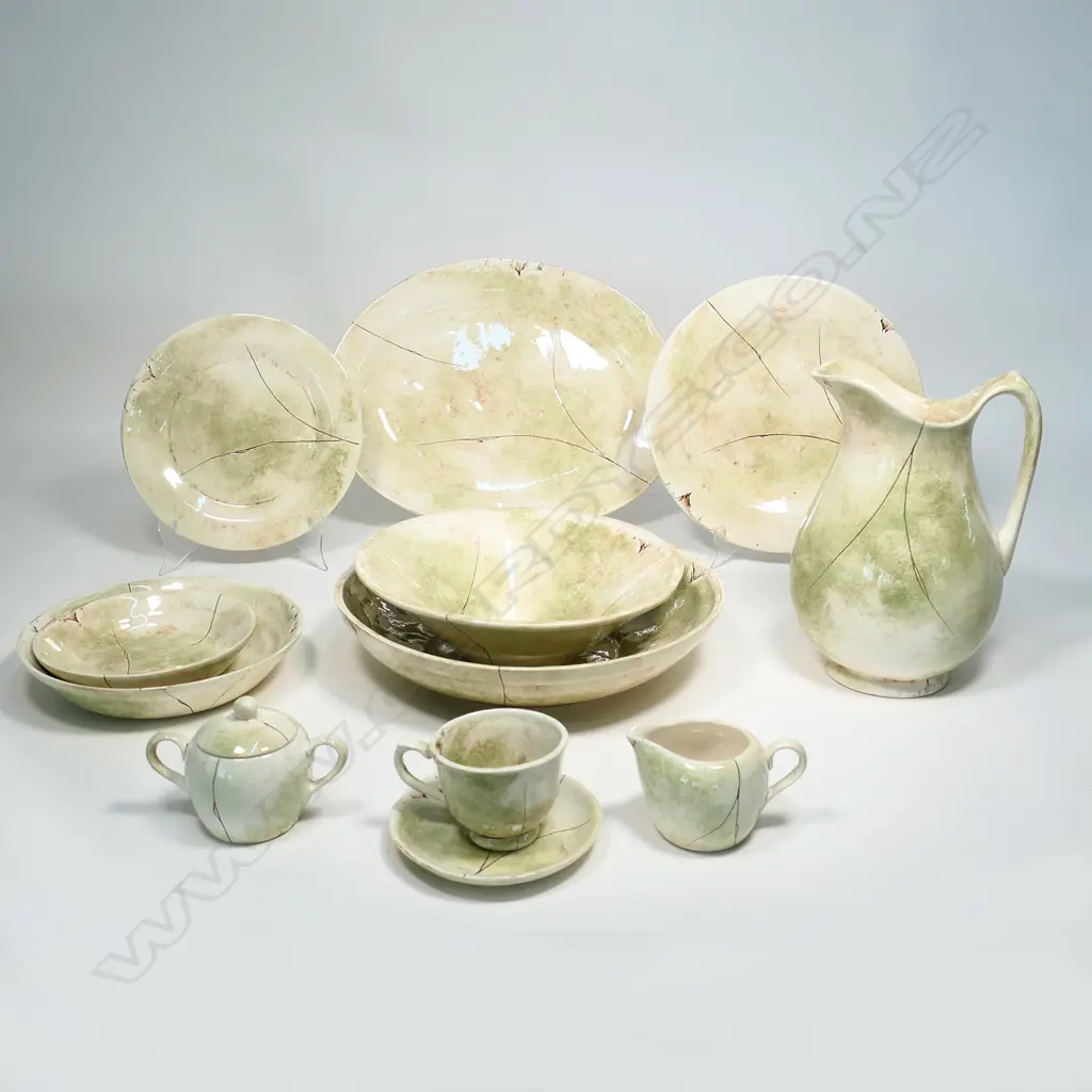 DESIGNER CERAMIC 'MALIBU B WARE' MOSS GREEN DINNER SERVICE, BY BRENDA HOLZKE, (some faults, one bowl missing) Image 1++