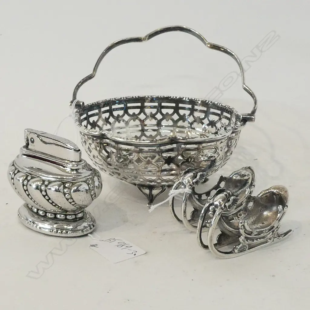 4 S/PLATE ITEMS; RONSON LIGHTER, BASKET & 2 SPOON RESTS Image 1++