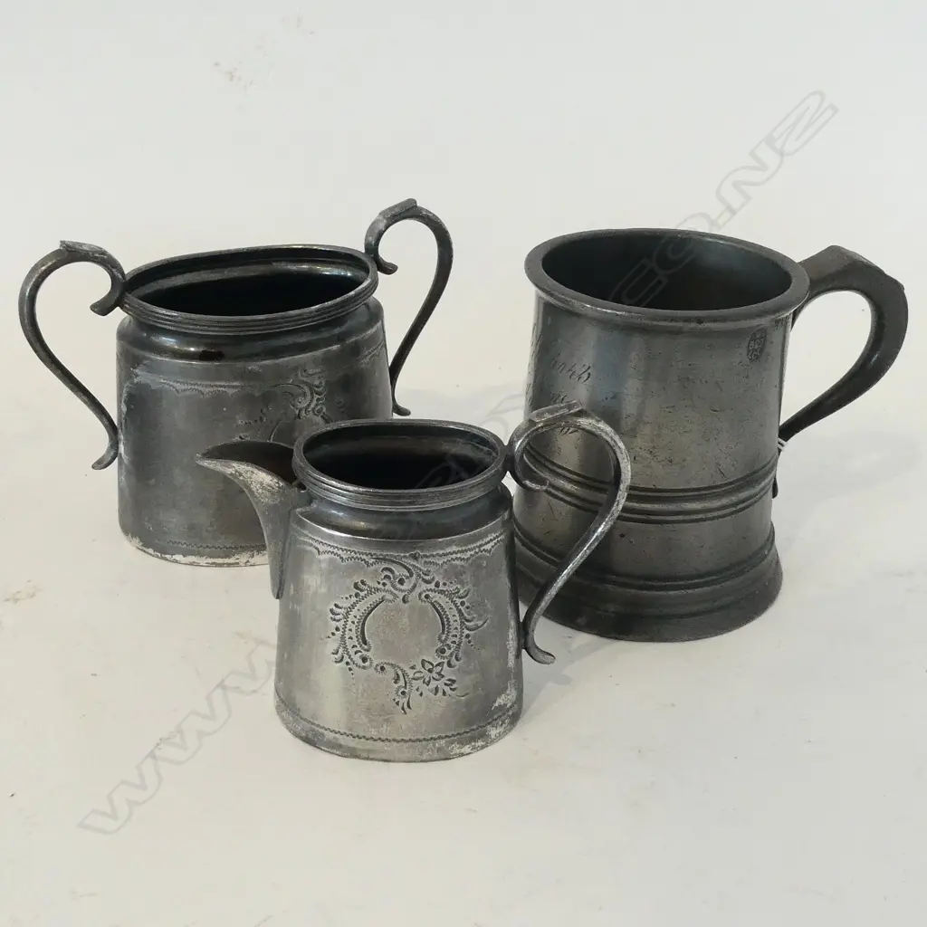 EARLY PEWTER TANKARD & S/PLATE SUGAR BOWL & MILK JUG Image 1++
