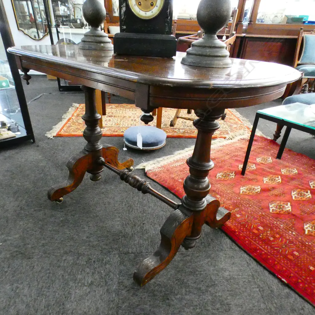 EDWARDIAN BEECH SOFA TABLE, PASTILLE SHAPED ON TURNED SUPPORTS, WHITE CASTORS, 1000 x 600mm Image 1++