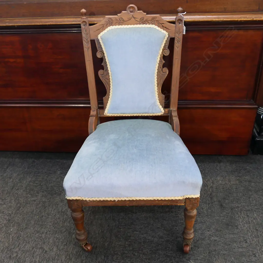 MAHOGANY NURSING CHAIR,TURNED FINIALS, BLUE UPHOLSTERY Image 1++