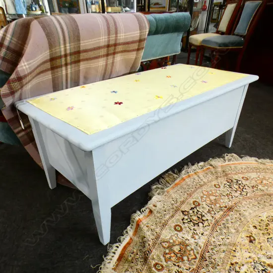 DECO PAINTED WOOD BOX WITH 1940s SILK FABRIC  COVER 1060 x 500 x 440mm