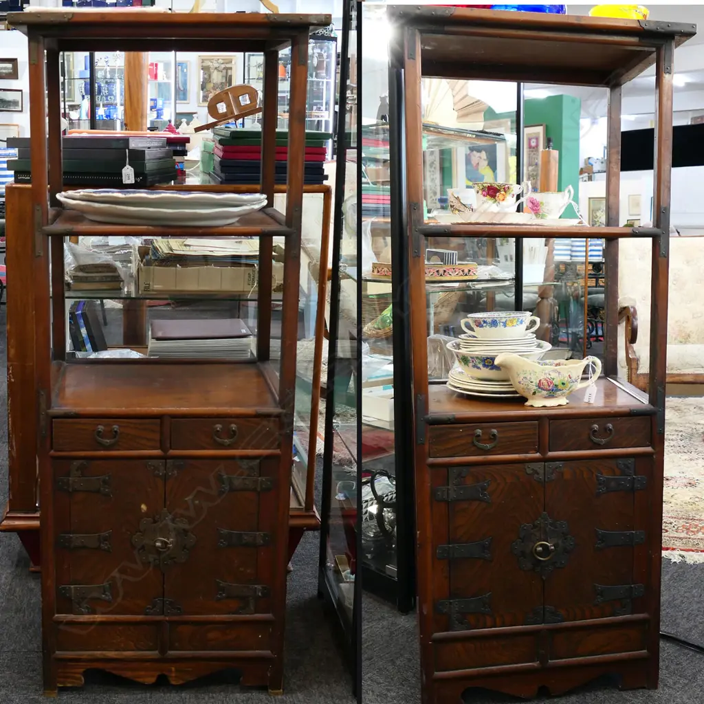 PR VINTAGE KOREAN CABINETS; 3 SHELVES ABOVE 2 DRAWERS & 2 DOORS w. METAL DETAILING 500x370x1210mm Image 1++