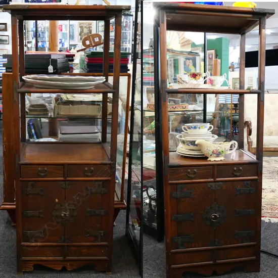 PR VINTAGE KOREAN CABINETS; 3 SHELVES ABOVE 2 DRAWERS & 2 DOORS w. METAL DETAILING 500x370x1210mm
