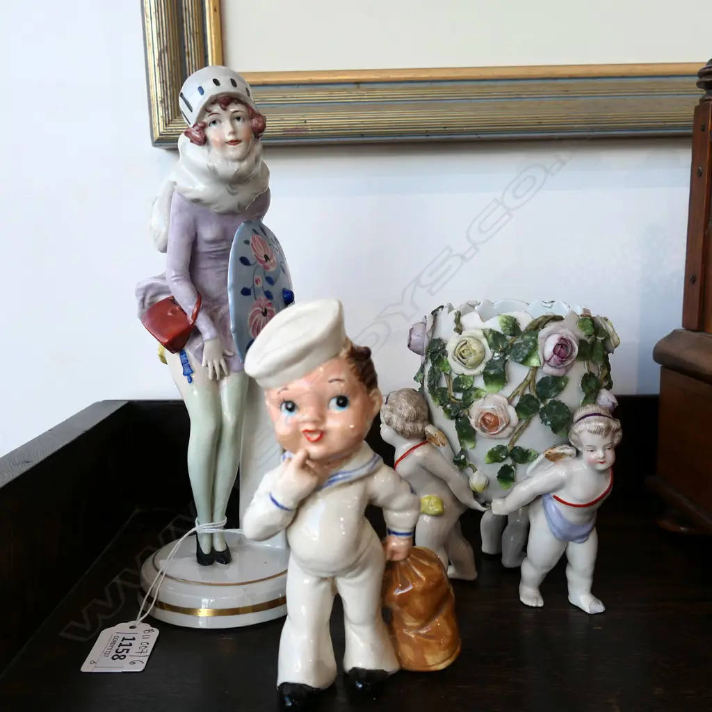 3 FIGURINES; GERMAN 20s LADY H.235mm, SAILOR & 3 CHERUB BOWL ONE A/F Image 1++