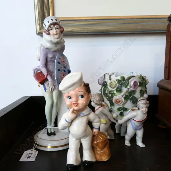 3 FIGURINES; GERMAN 20s LADY H.235mm, SAILOR & 3 CHERUB BOWL ONE A/F