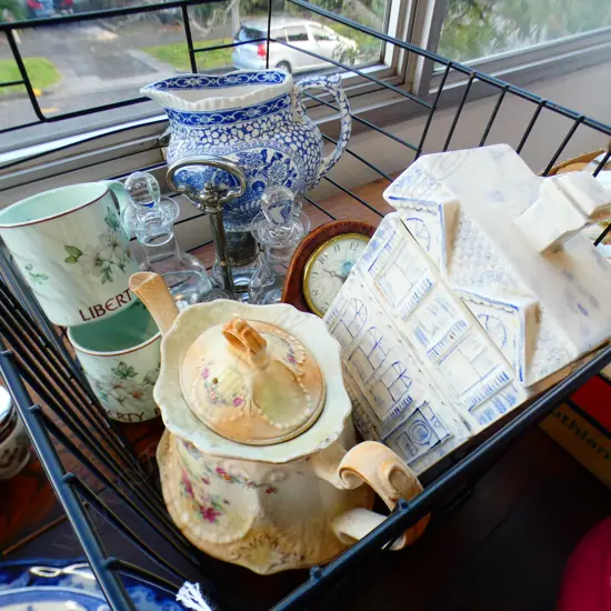 7 ASST. ITEMS; TEAPOT, JUG, COOKIE JAR, PR MUGS, CLOCK & EP CONDIMENT SET