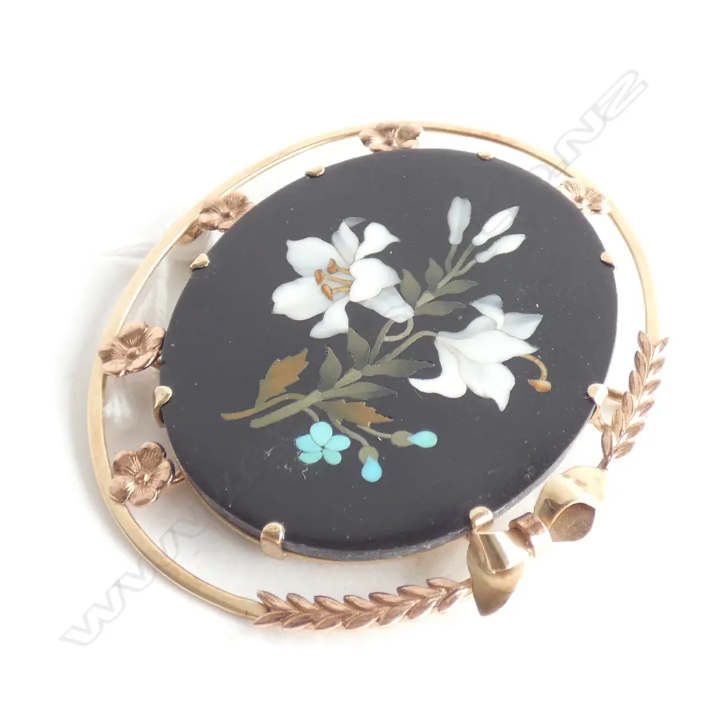 ANTIQUE 10CT Y&R GOLD LARGE PIETRA DURA BROOCH Image 1++