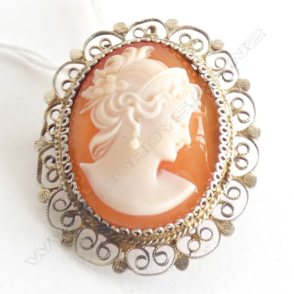 STG SILVER FRAMED CAMEO BROOCH / PENDANT L 33MM Image 1++