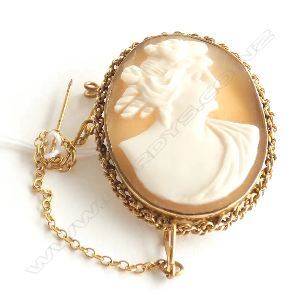 (19962) 9CT GOLD FRAMED CAMEO BROOCH ELEGANT COIFFURE Image 1++