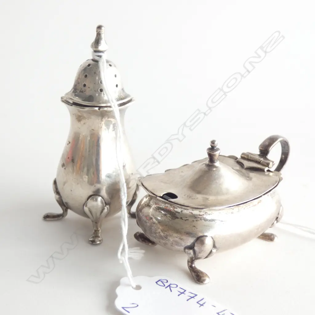 STG SILVER & BLUE GLASS MUSTARD POT & SALT SHAKER  TOTAL SILVER WEIGHT  68GMS Image 1++