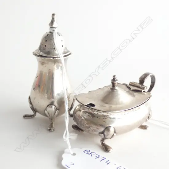 STG SILVER & BLUE GLASS MUSTARD POT & SALT SHAKER  TOTAL SILVER WEIGHT  68GMS