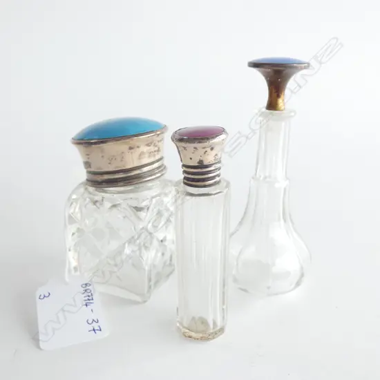 3 VINTAGE GLASS SCENT BOTTLES -  ENAMEL GUILLOCHE LIDS - 2 W STG SILVER   TALLEST H. 95MM