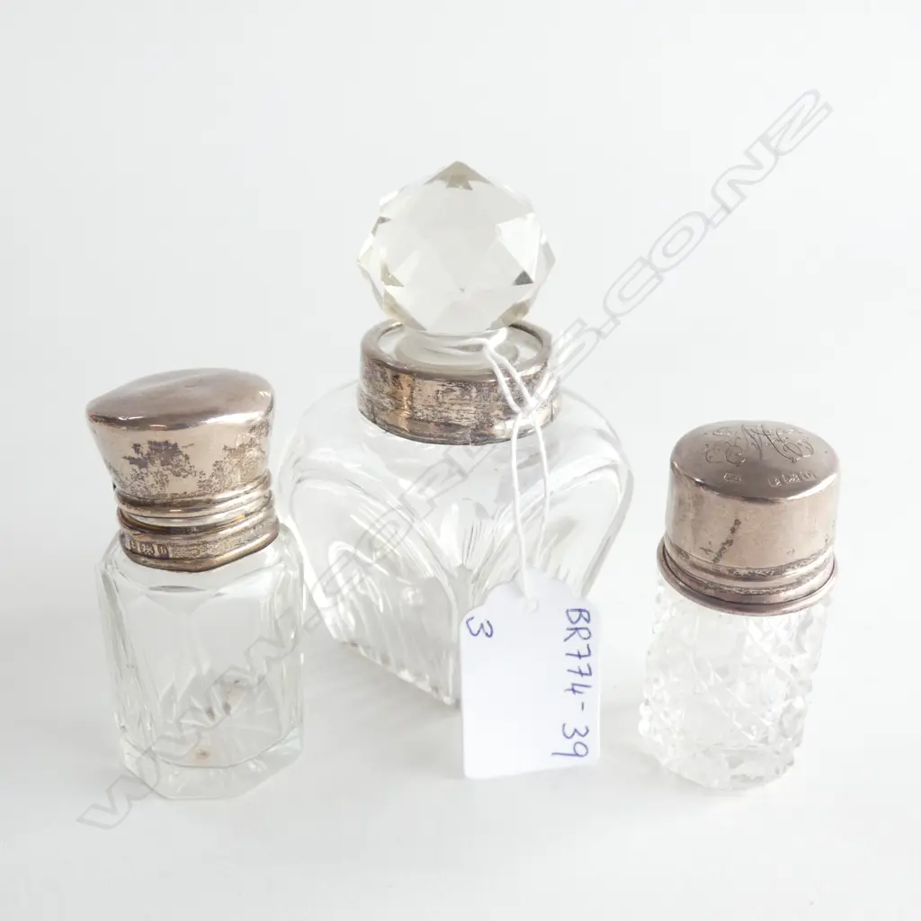 3 CUT GLASS & STG SILVER SCENT BOTTLES - ALL WITH STOPPERS INTACT  - TALLEST H. 95MM Image 1++