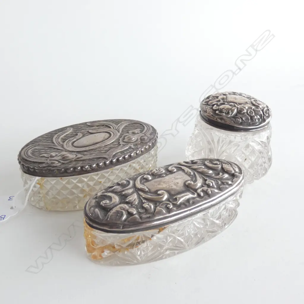 3 VINTAGE CUT GLASS & STG SILVER LIDDED CONTAINERS; 1 ART NOUVEAU DESIGN L.87MM Image 1++