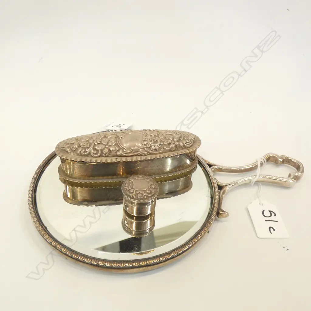 3 STG SILVER ART NOUVEAU HAND MIRROR & 2 LIDDED CONTAINERS  Image 1++