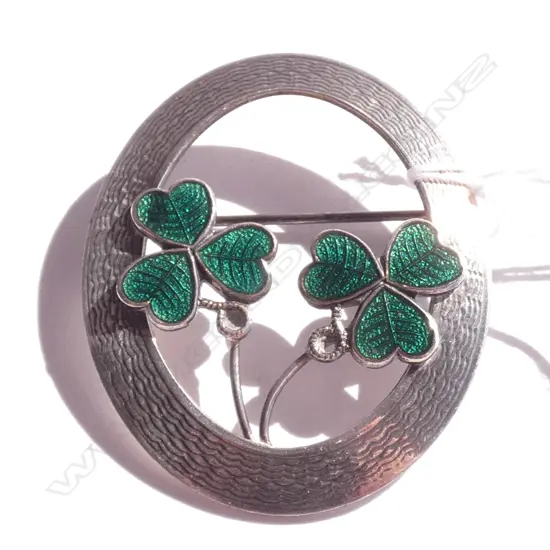 (19495)'MIZPAH' SILVER? GREEN ENAMEL CLOVER BROOCH