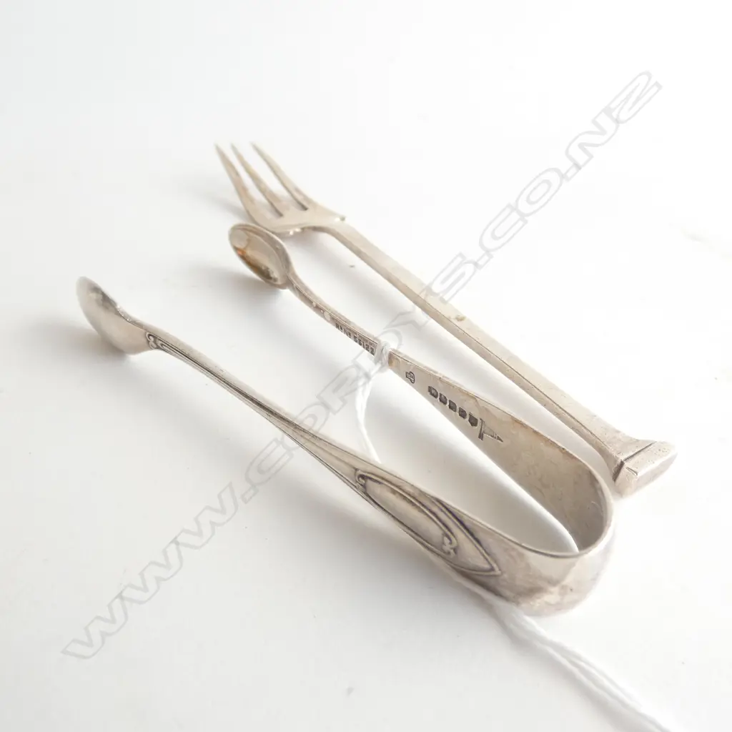 STG SILVER SUGAR TONGS & SM FORK  TOTAL WEIGHT 29.7GMS Image 1++