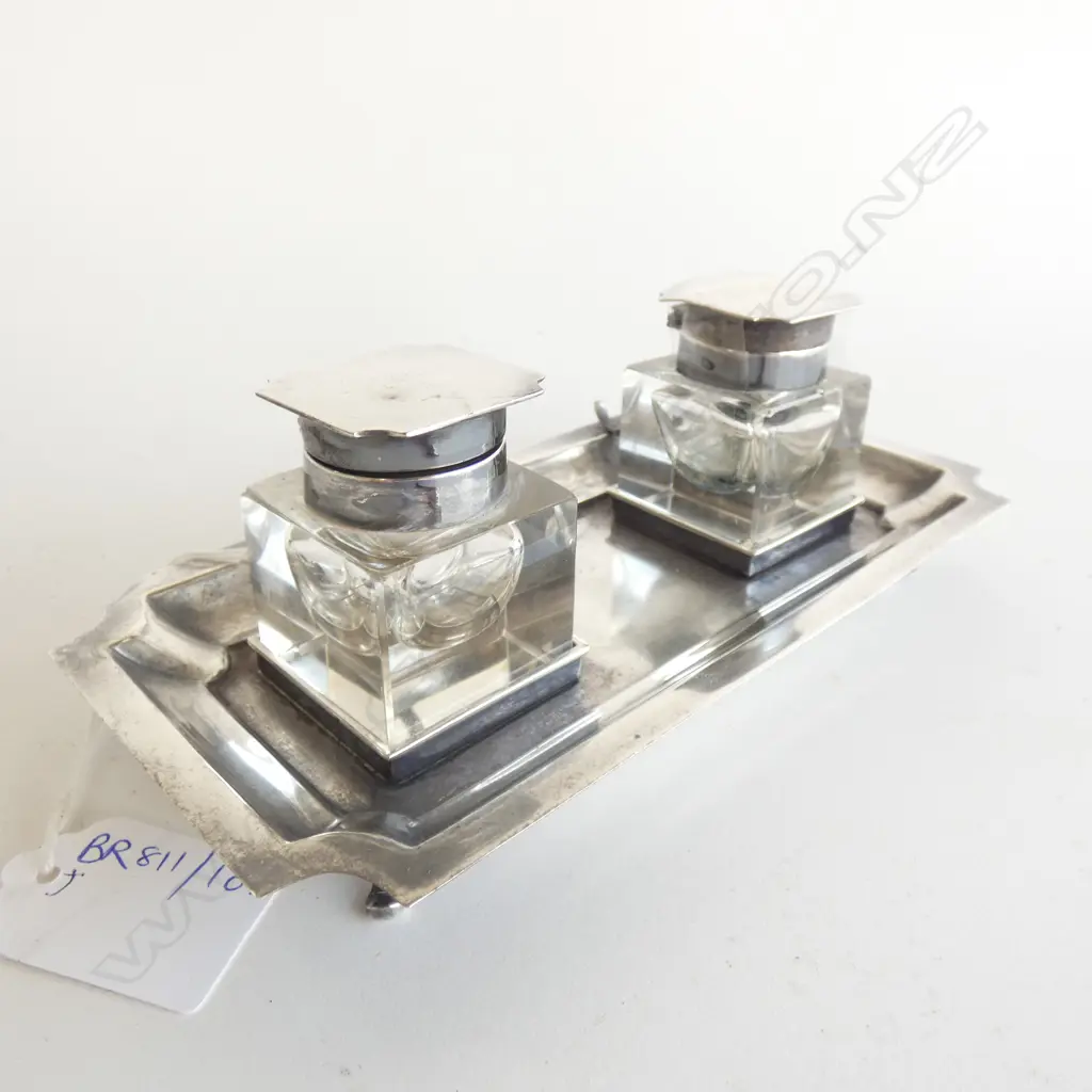STG SILVER DOUBLE INKWELL DESK STAND B'HAM 1921 AF W.180mm Image 1++