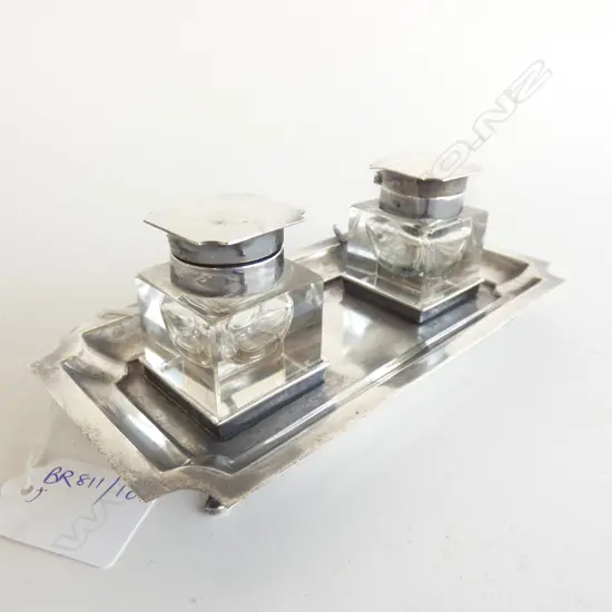 STG SILVER DOUBLE INKWELL DESK STAND B'HAM 1921 AF W.180mm