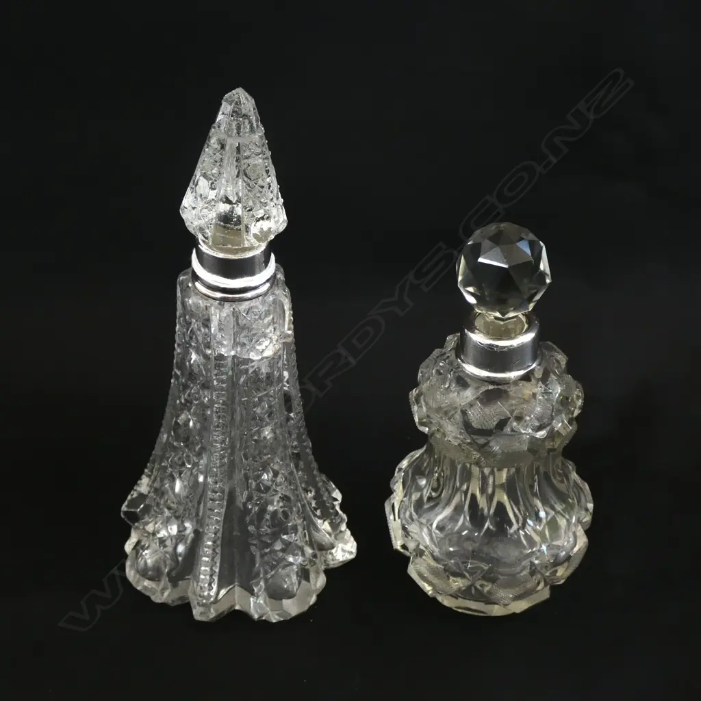 2 STG SILVER & CRYSTAL PERFUME BOTTLES LONDON 1913/14 AF H.180mm Image 1++