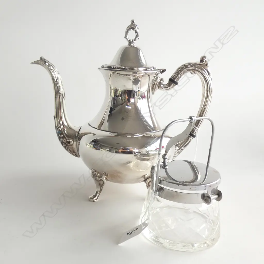 SILVER PLATE COFFEE POT & CUT GLASS & SP SUGAR BOWL Image 1++