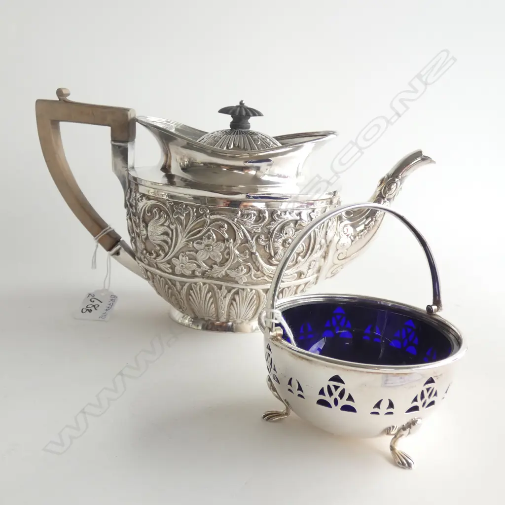 SILVER PLATE TEAPOT & BLUE GLASS & SP SUGAR BOWL  Image 1++